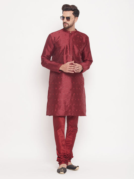 Men's Maroon Silk Blend Straight Kurta Pyjama Set