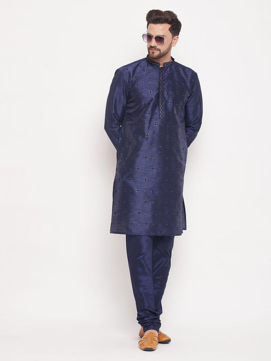 Men's Navy Blue Silk Blend Straight Kurta Pyjama Set