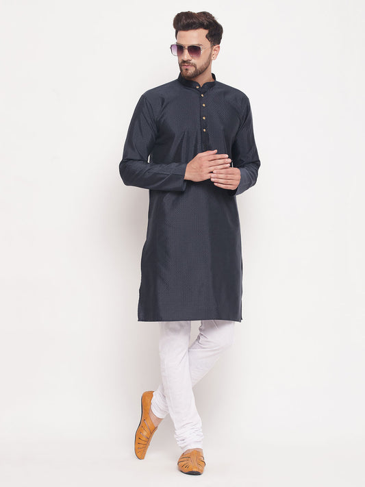 Men's Navy Blue Silk Blend Straight Kurta Pyjama Set