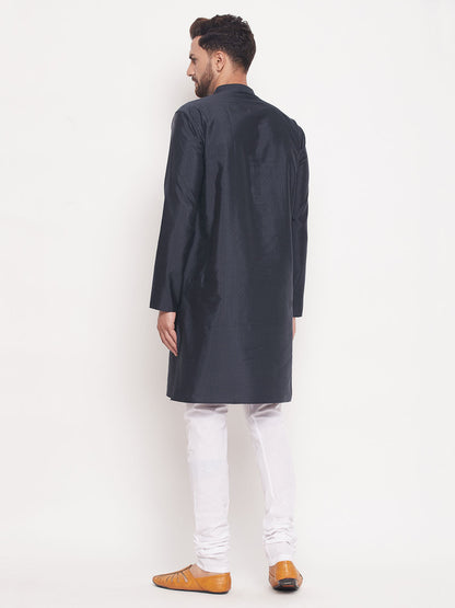 Men's Navy Blue Silk Blend Straight Kurta Pyjama Set
