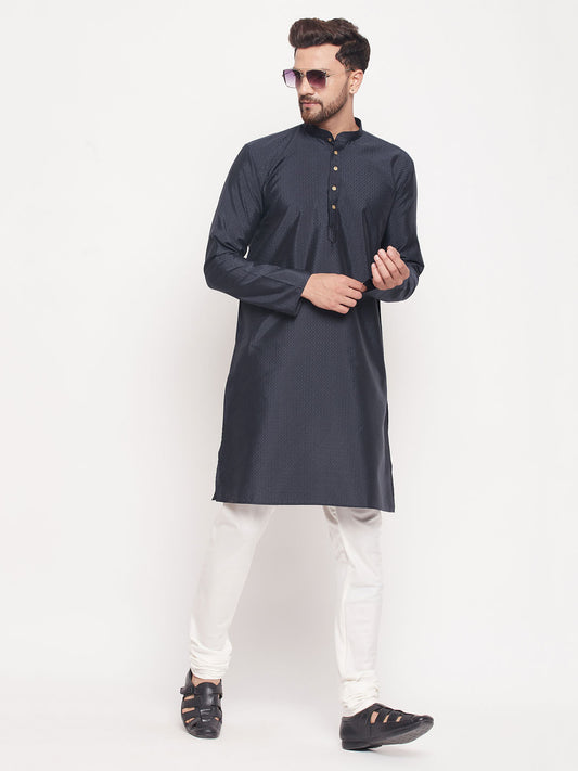 Men's Navy Blue Silk Blend Straight Kurta Pyjama Set