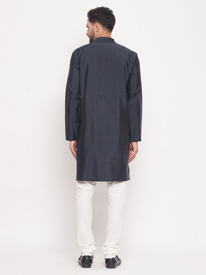 Men's Navy Blue Silk Blend Straight Kurta Pyjama Set