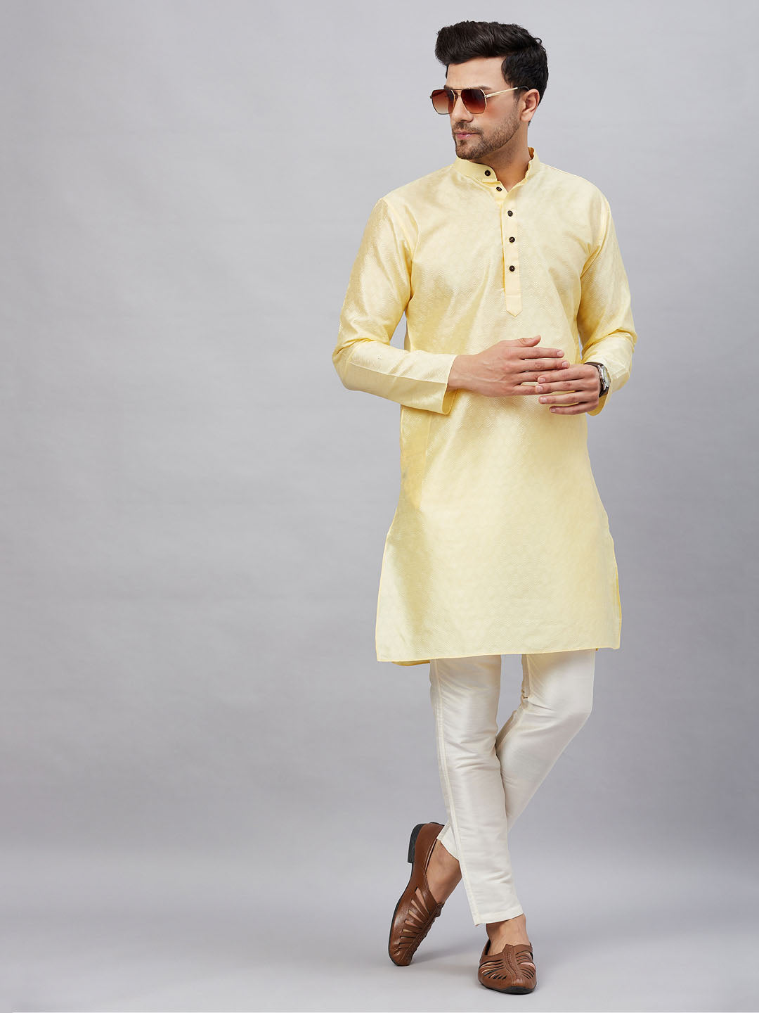 Men's Beige Silk Blend Straight Kurta Pyjama Set