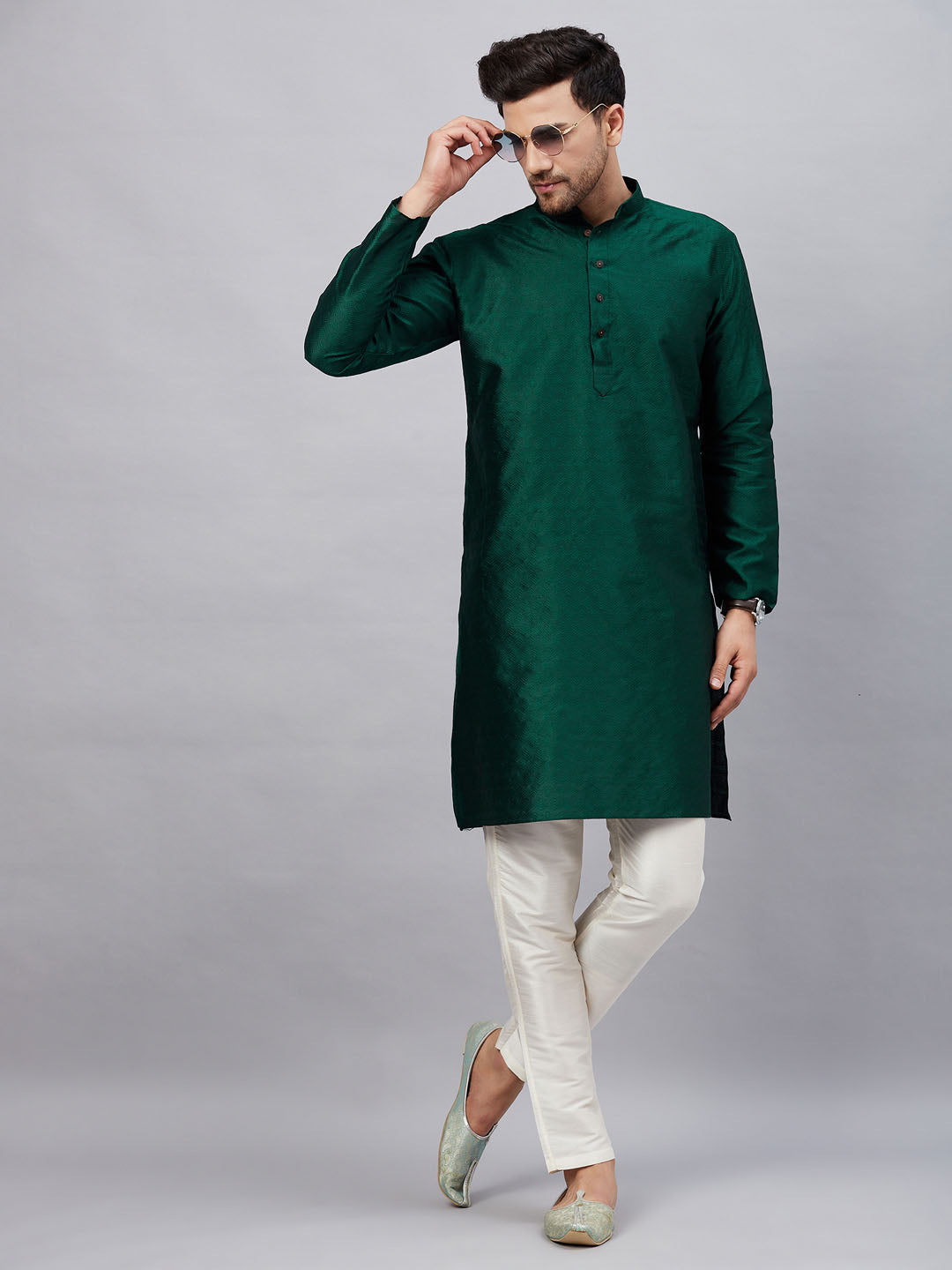 Men's Green Silk Blend Straight Kurta Pyjama Set