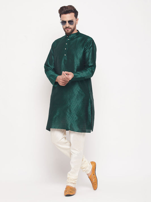 Men's Green Silk Blend Straight Kurta Pyjama Set