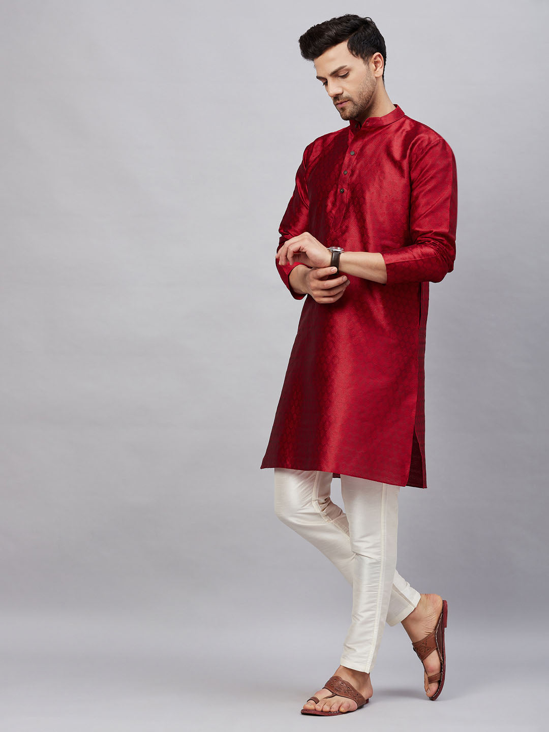 Men's Maroon Silk Blend Straight Kurta Pyjama Set