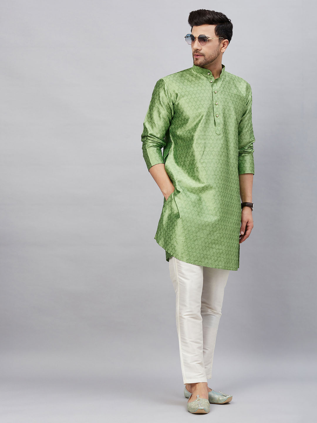 Men's Mint Green Silk Blend Straight Kurta Pyjama Set
