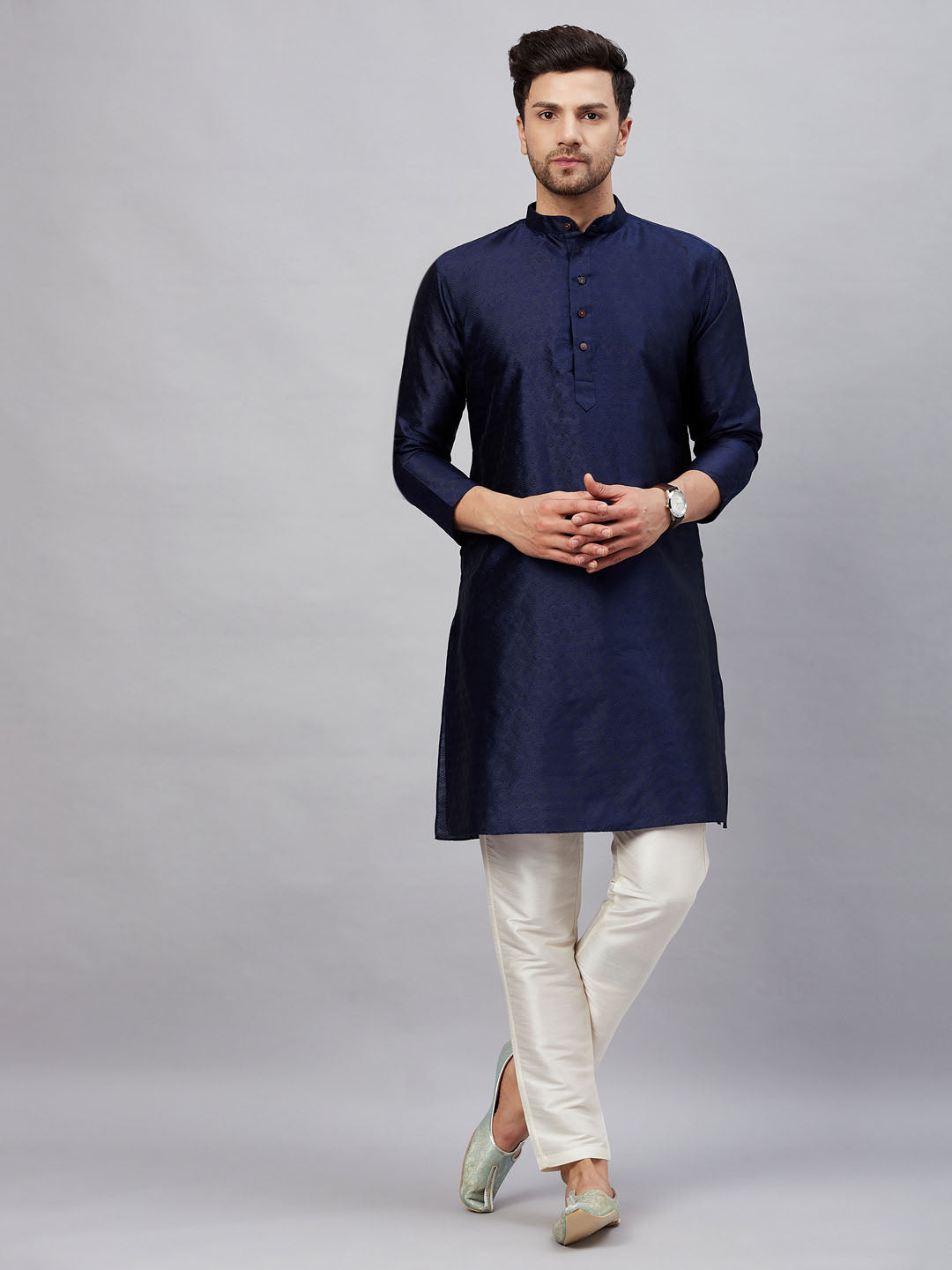 Men's Navy blue Silk Blend Straight Kurta Pyjama Set