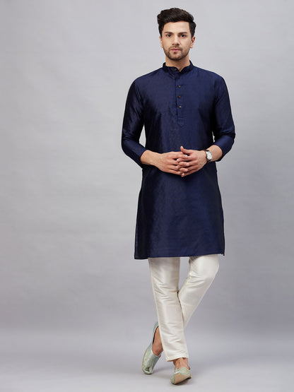 Men's Navy blue Silk Blend Straight Kurta Pyjama Set