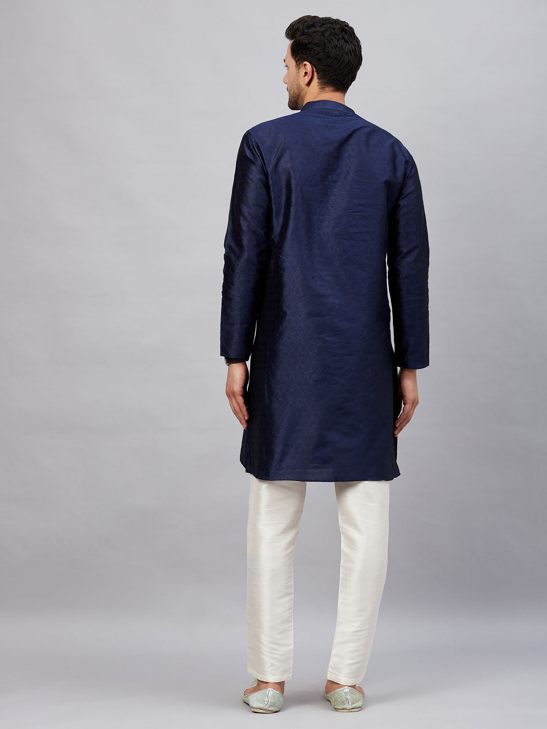 Men's Navy blue Silk Blend Straight Kurta Pyjama Set