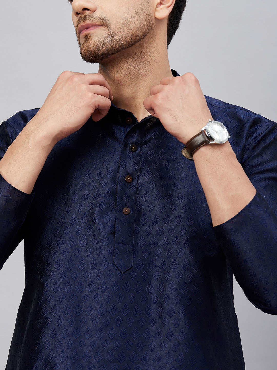 Men's Navy blue Silk Blend Straight Kurta Pyjama Set