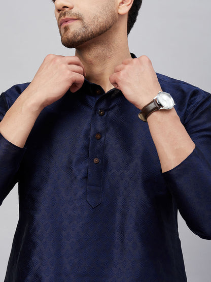 Men's Navy blue Silk Blend Straight Kurta Pyjama Set