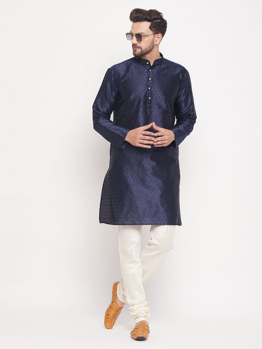 Men's Navy Blue Silk Blend Straight Kurta Pyjama Set
