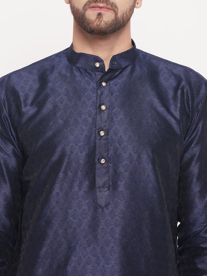 Men's Navy Blue Silk Blend Straight Kurta Pyjama Set