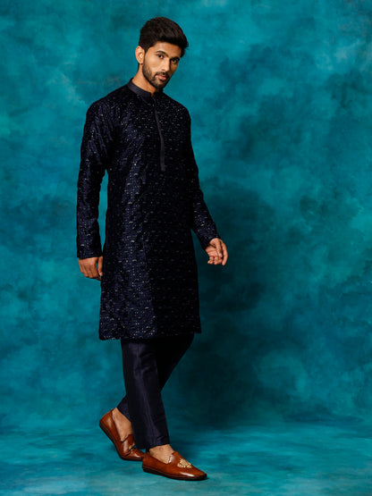 Men's Navy Blue Silk Blend Straight Kurta Pyjama Set