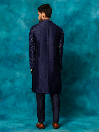 Men's Navy Blue Silk Blend Straight Kurta Pyjama Set