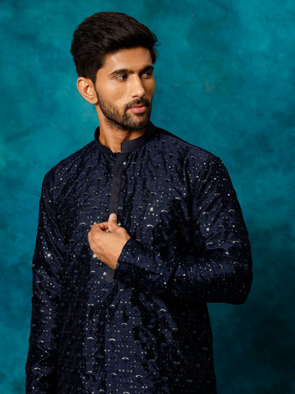 Men's Navy Blue Silk Blend Straight Kurta Pyjama Set