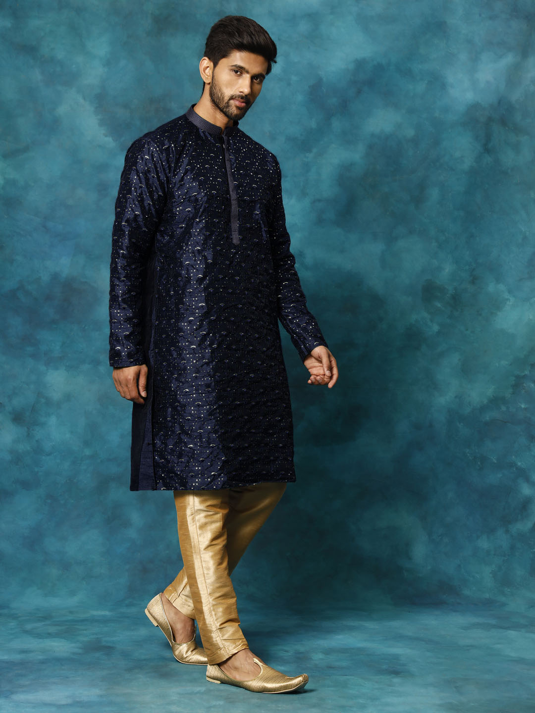 Men's Navy Blue Silk Blend Straight Kurta Pyjama Set