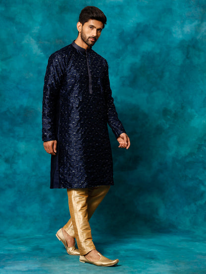 Men's Navy Blue Silk Blend Straight Kurta Pyjama Set
