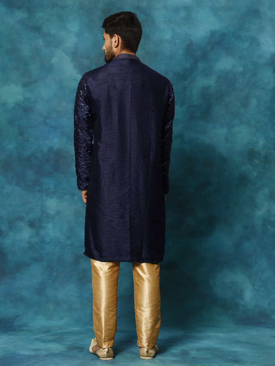 Men's Navy Blue Silk Blend Straight Kurta Pyjama Set