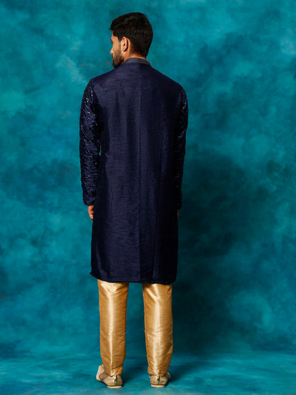 Men's Navy Blue Silk Blend Straight Kurta Pyjama Set