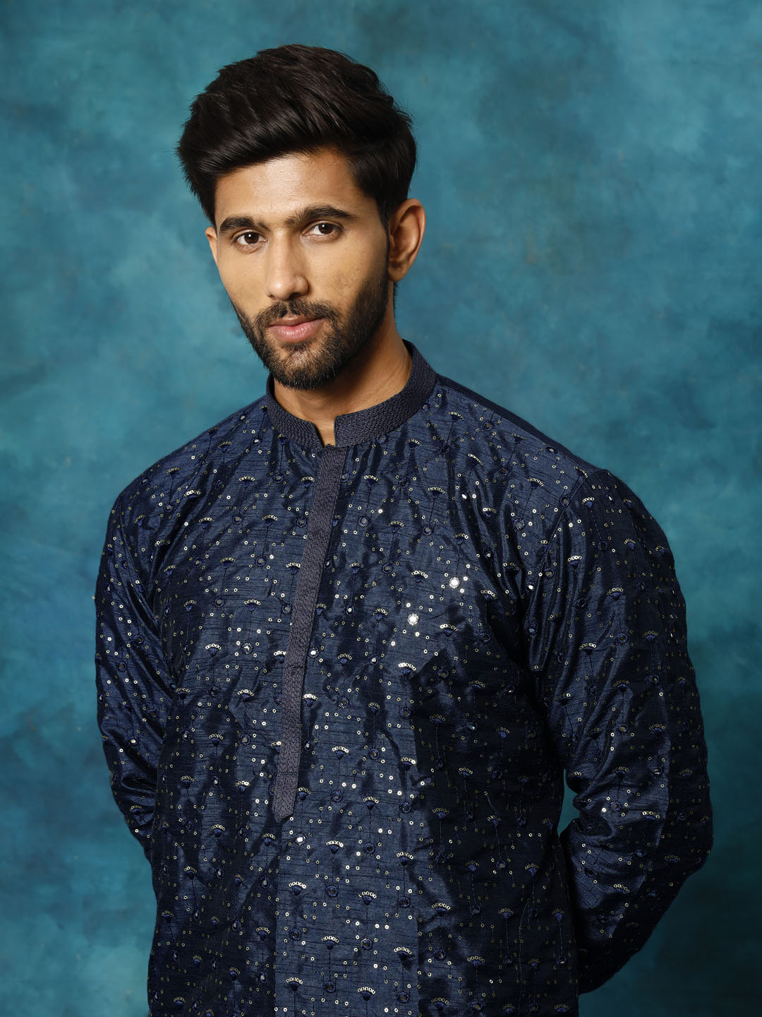 Men's Navy Blue Silk Blend Straight Kurta Pyjama Set