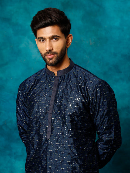 Men's Navy Blue Silk Blend Straight Kurta Pyjama Set