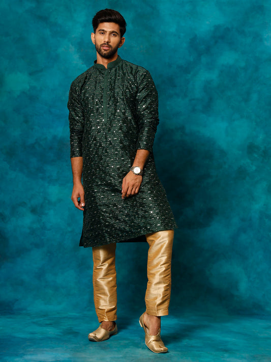 Men's Green Silk Blend Straight Kurta Pyjama Set
