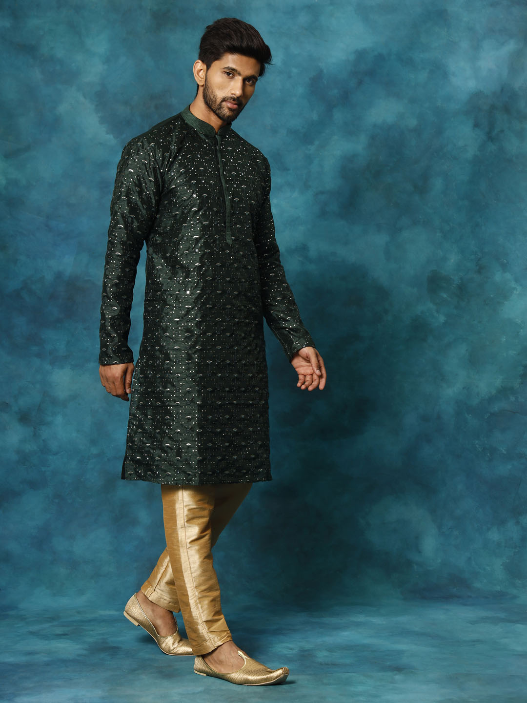 Men's Green Silk Blend Straight Kurta Pyjama Set