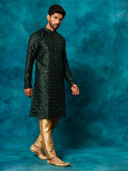Men's Green Silk Blend Straight Kurta Pyjama Set