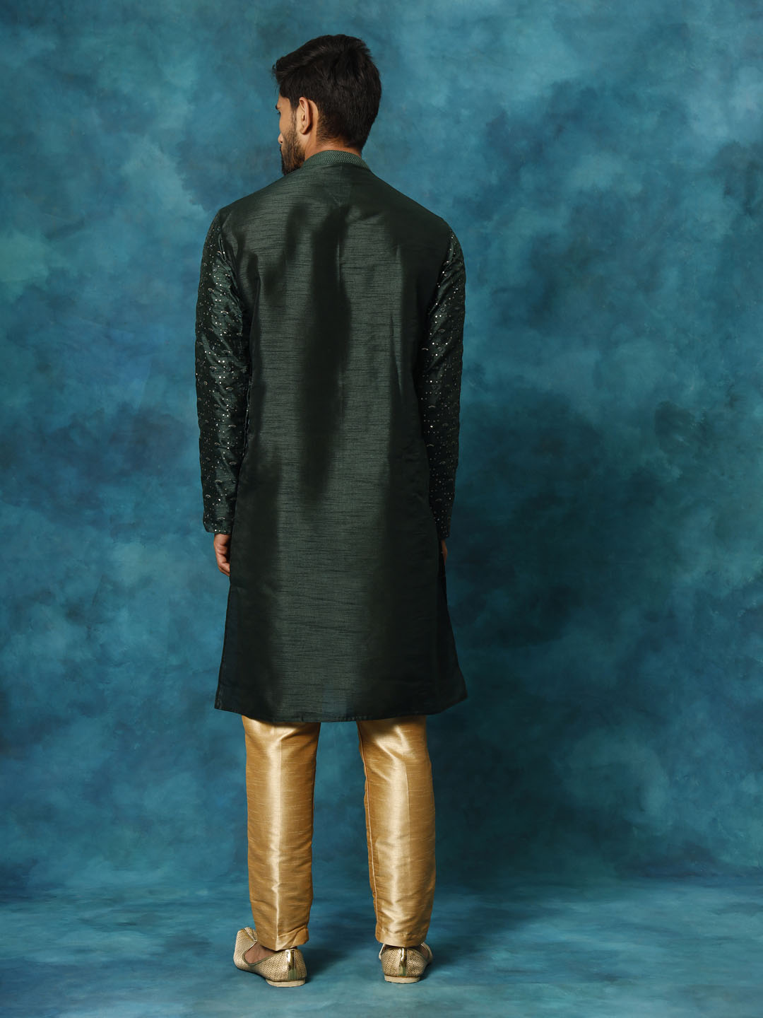 Men's Green Silk Blend Straight Kurta Pyjama Set