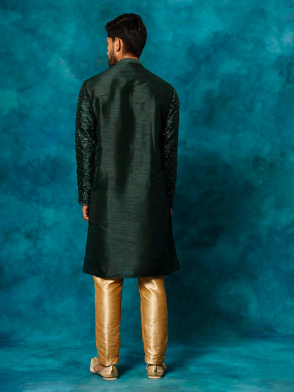 Men's Green Silk Blend Straight Kurta Pyjama Set