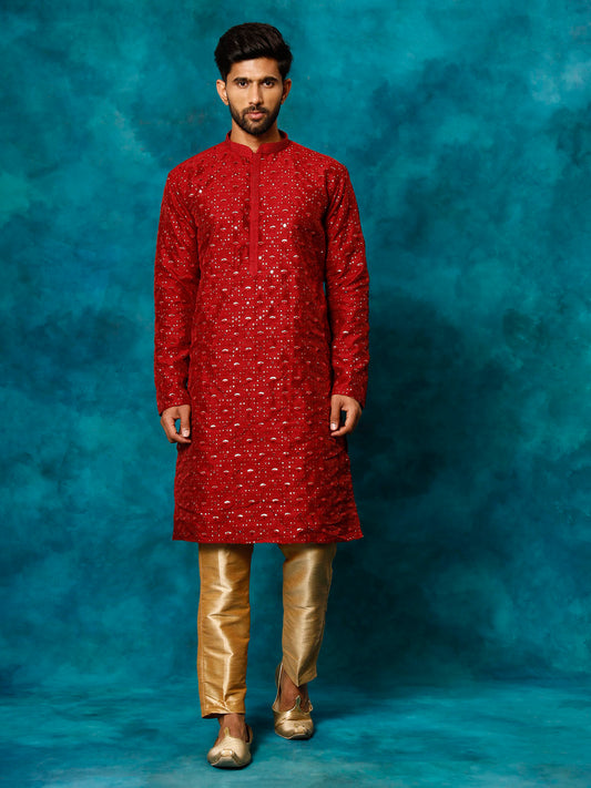Men's Maroon Silk Blend Straight Kurta Pyjama Set