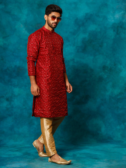 Men's Maroon Silk Blend Straight Kurta Pyjama Set