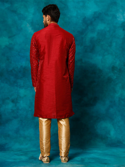 Men's Maroon Silk Blend Straight Kurta Pyjama Set