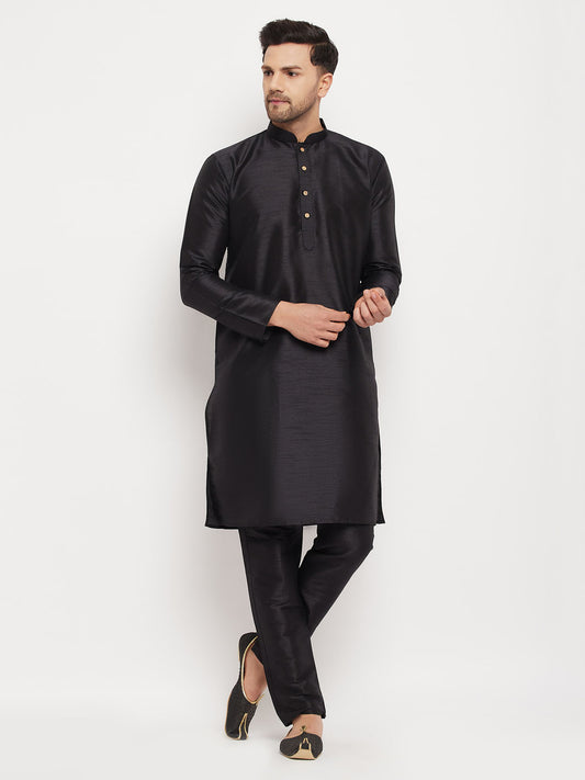 Men's Black Silk Blend Straight Kurta Pyjama Set