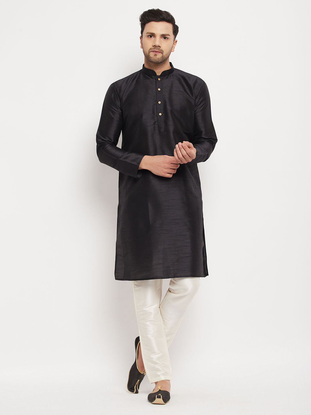 Men's Black Silk Blend Straight Kurta Pyjama Set