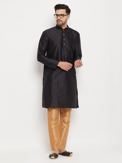 Men's Black Silk Blend Straight Kurta Pyjama Set
