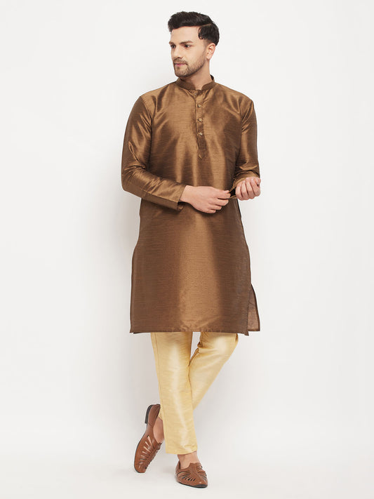 Men's Coffee Silk Blend Straight Kurta Pyjama Set