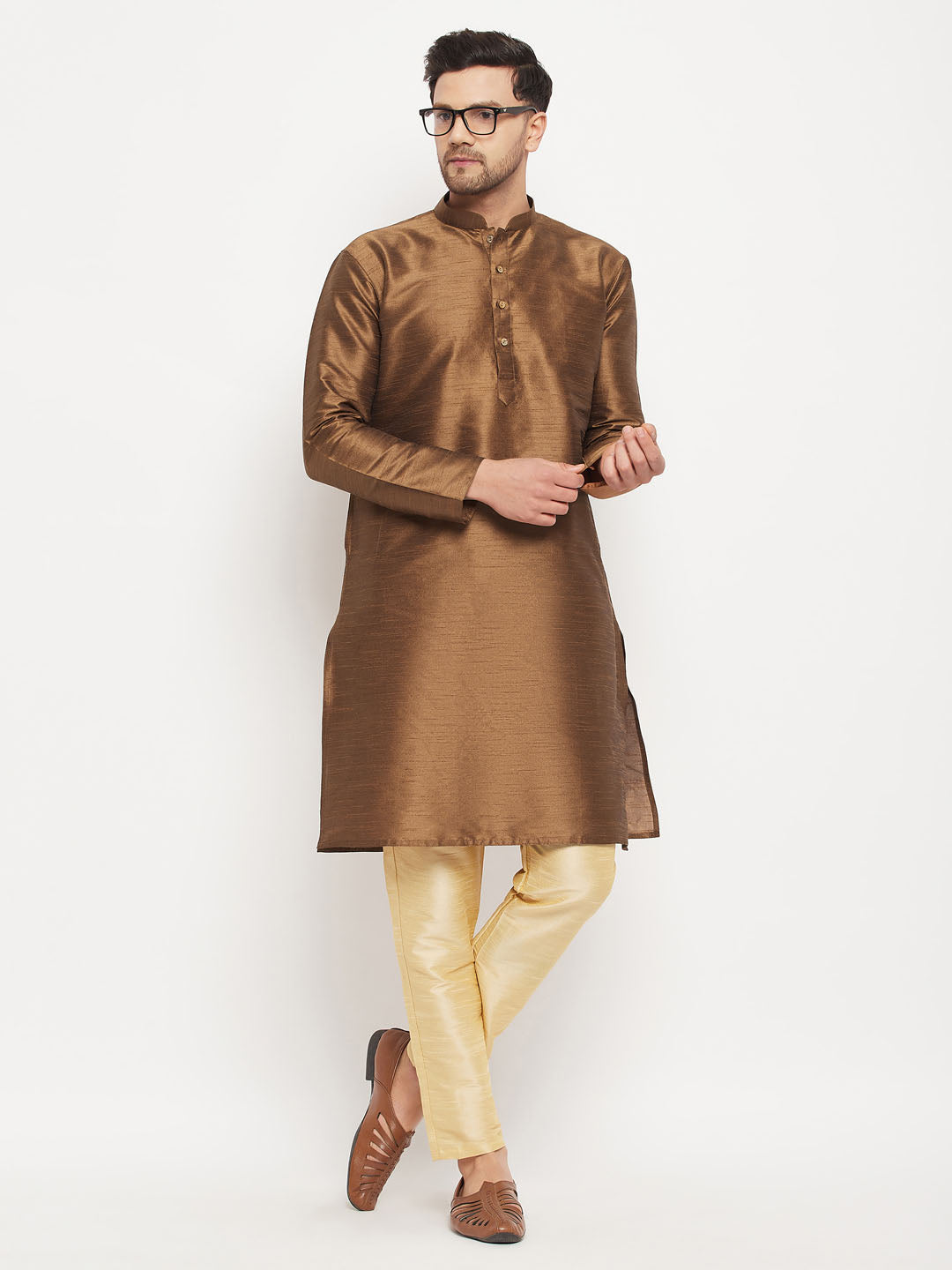 Men's Coffee Silk Blend Straight Kurta Pyjama Set