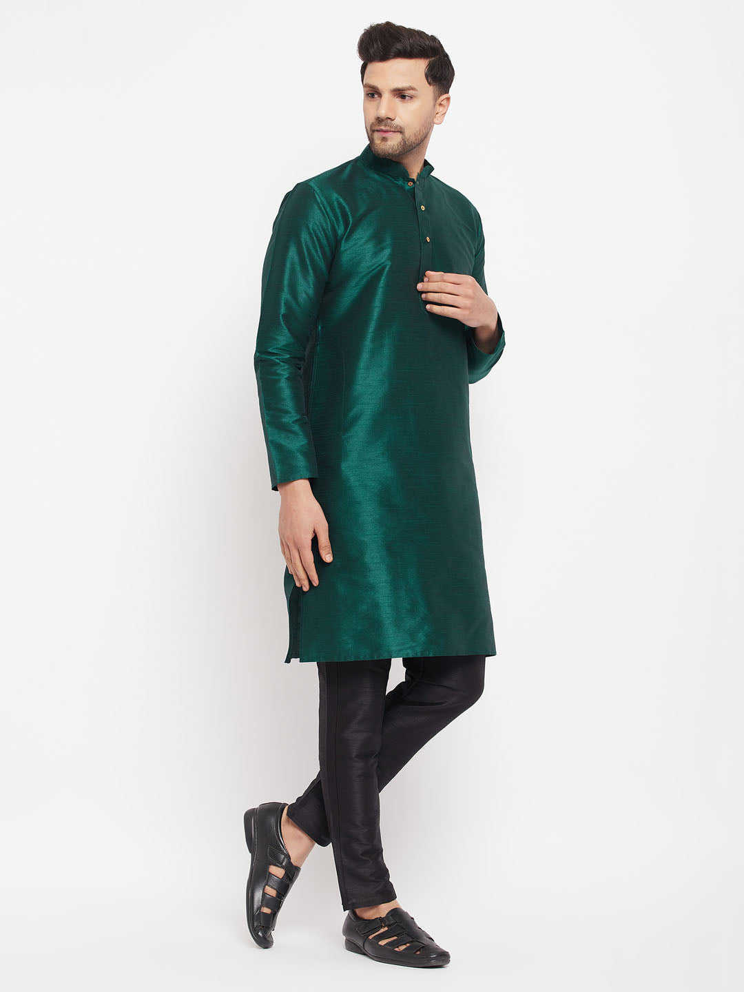 Men's Green Silk Blend Straight Kurta Pyjama Set
