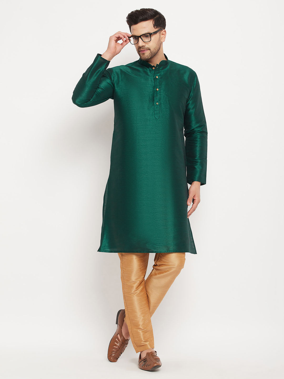 Men's Green Silk Blend Straight Kurta Pyjama Set