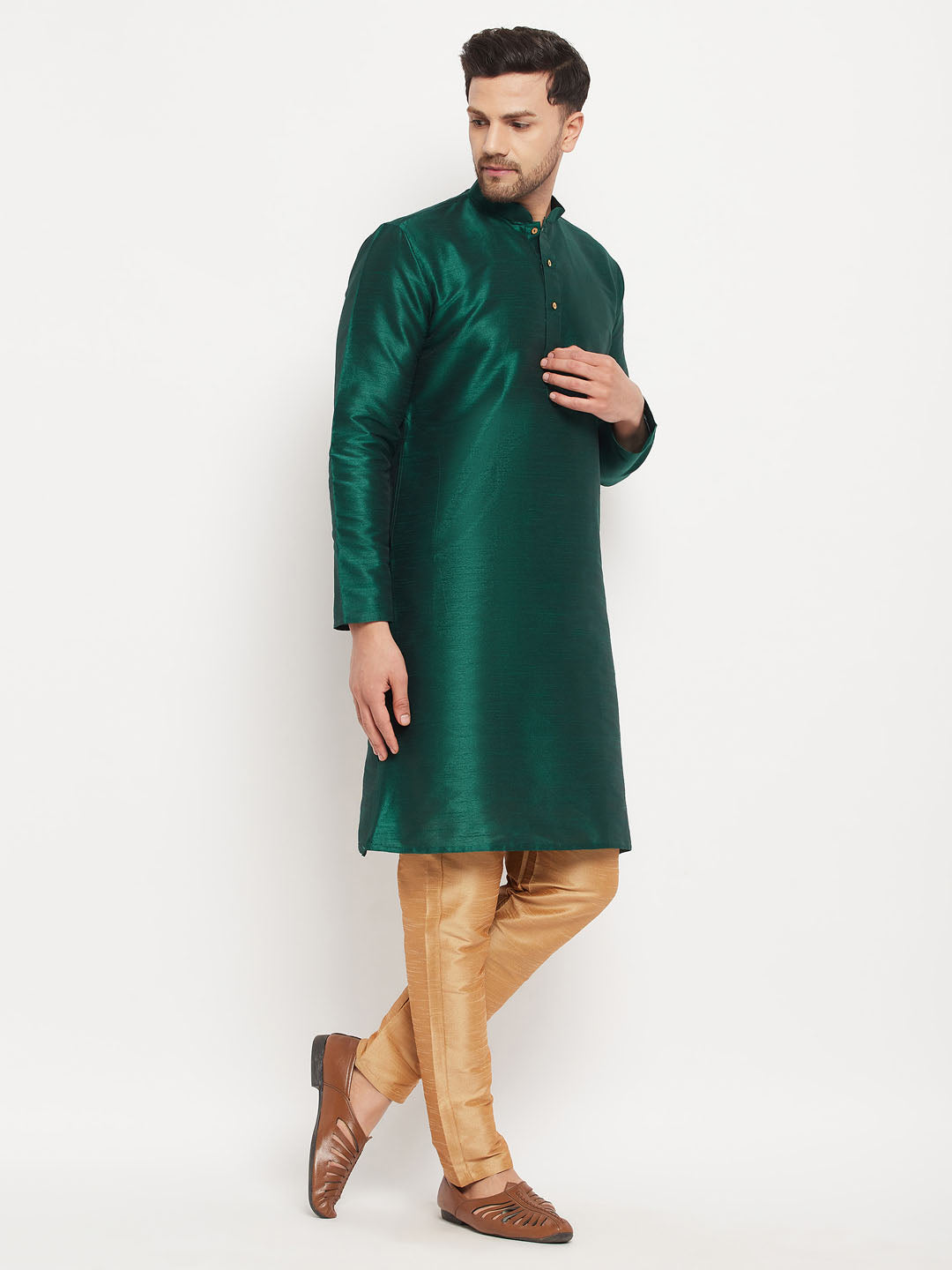 Men's Green Silk Blend Straight Kurta Pyjama Set