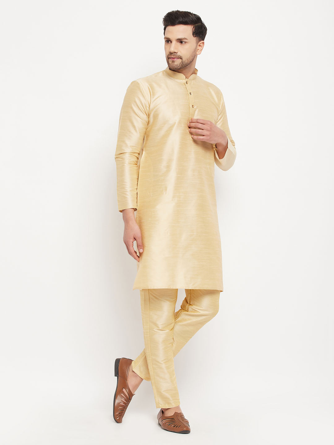 Men's Gold Silk Blend Straight Kurta Pyjama Set