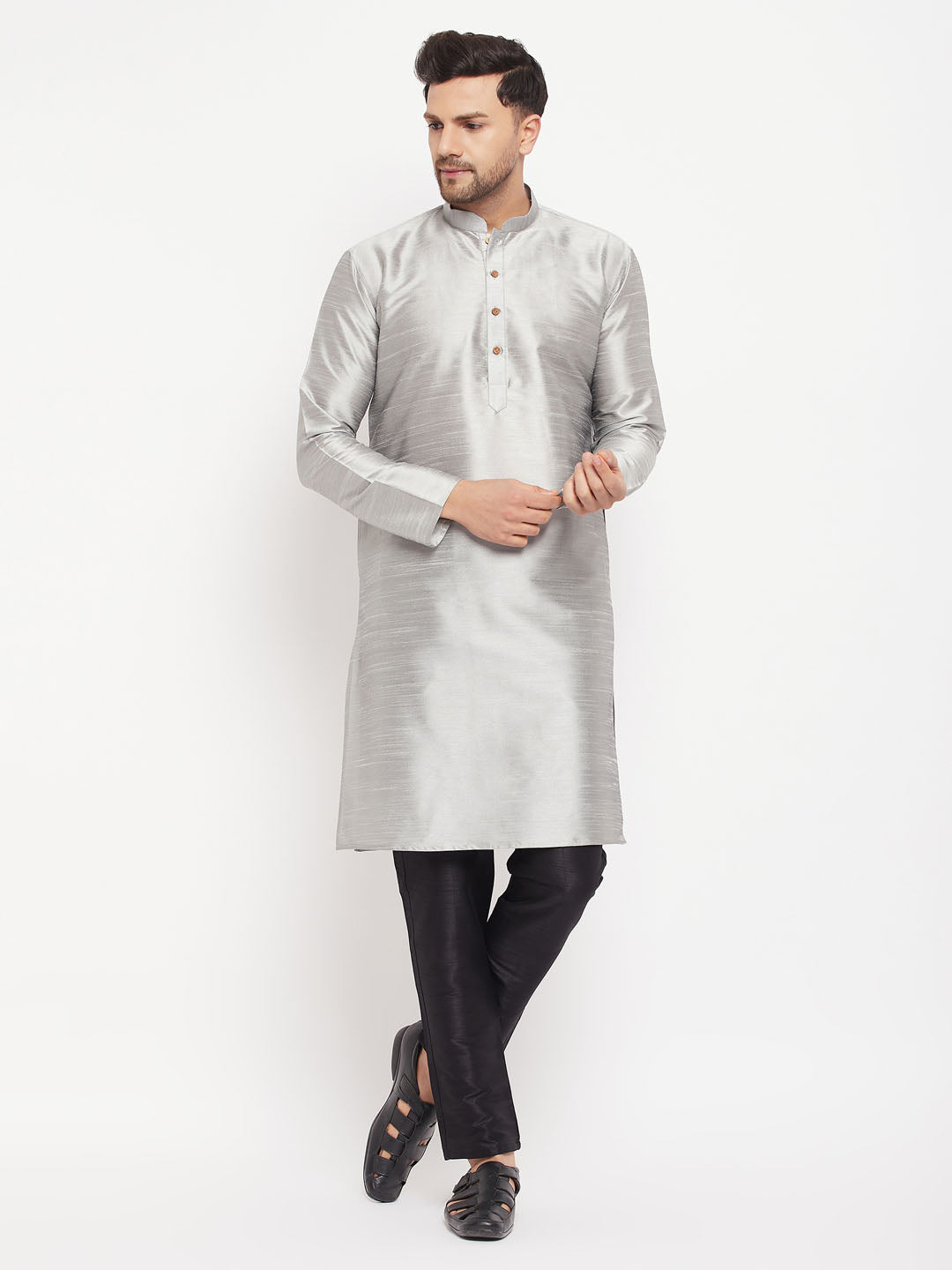 Men's Grey Silk Blend Straight Kurta Pyjama Set