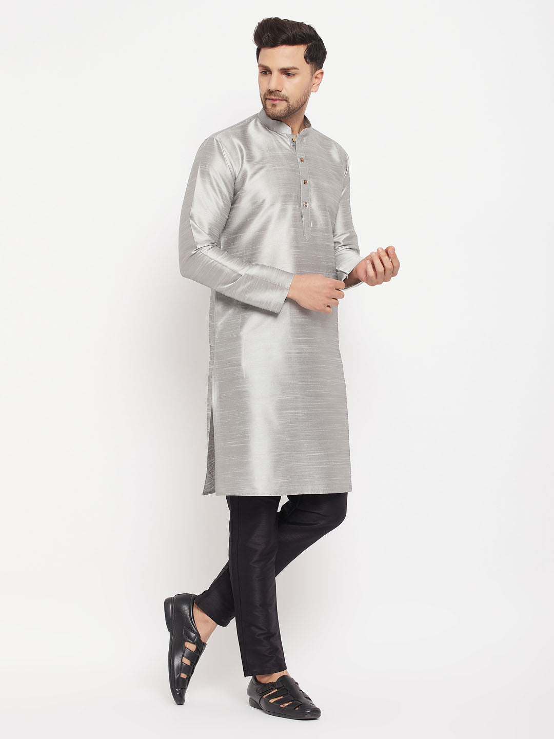 Men's Grey Silk Blend Straight Kurta Pyjama Set