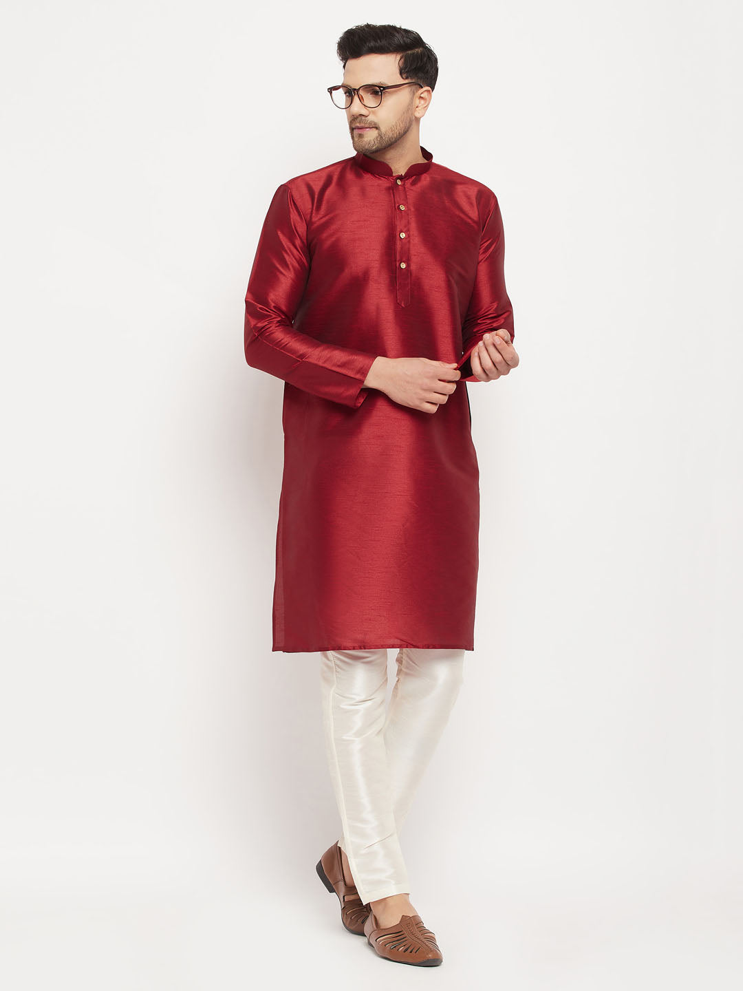 Men's Maroon Silk Blend Straight Kurta Pyjama Set