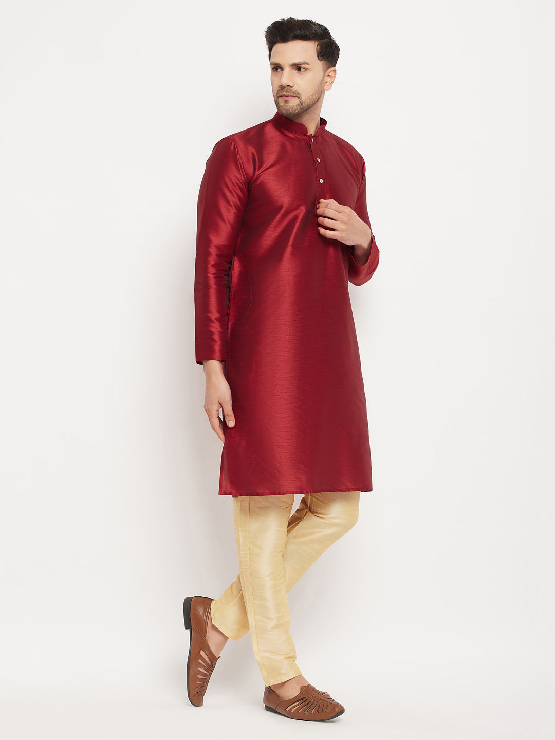 Men's Maroon Silk Blend Straight Kurta Pyjama Set