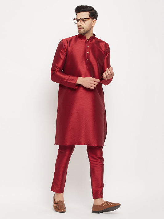 Men's Maroon Silk Blend Straight Kurta Pyjama Set