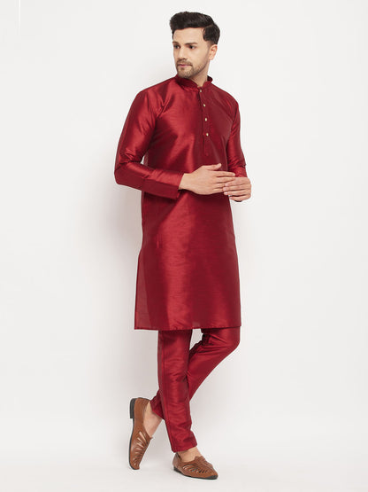 Men's Maroon Silk Blend Straight Kurta Pyjama Set